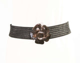 Large Stretch Belt - Retro 1990s Black Rose Plastic Buckle & Belt - 90s Boho Metallic Brown Crackle Finish - 2" Tall - Waist 28 to 32