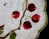 Cherries Antique Linens - Society Silk Embroidered Victorian Centerpiece - Art Nouveau Round Doily Style - Botanical Red Cherry Embroidery