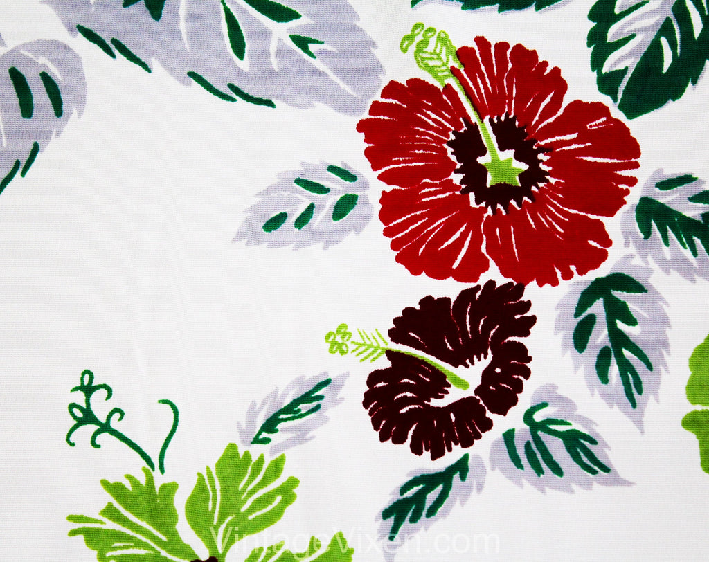 40s Hibiscus Print Fabric - Nearly 3 Yards - Red Chartreuse Scarlet 40s Tropical Flowers Yardage - White Acetate Slinky Summer Dress Fabric