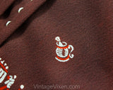 1940s Men's Tie - 30s 40s Novelty Barber Shop Print with Pleated Detail - Cocoa Brown Mint Green Red Crepe Mens Necktie - As Is Faded