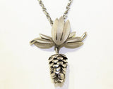 Pine Cone Necklace & Earrings Set - 50s 60s Mid Century Elegant Pendant Demi Parure - Silver Hue Metal - Charming Woodland Rustic Pinecones