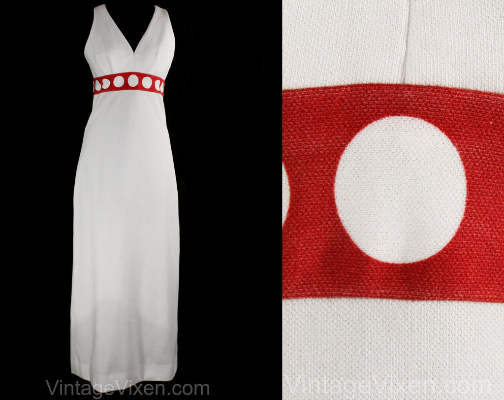 Size 6 Maxi Dress - Small 70s Red & White Dress with Mod Dots - Polyester Knit - Sleeveless 1970s Long Summer Maxi - Bust 36 - 50739
