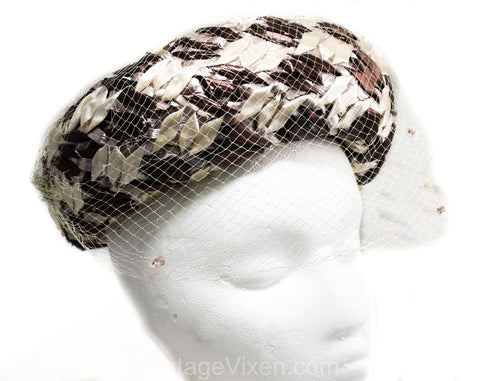 1960s Brown Ladies Hat - Neutral Beige Ecru Cocoa Bowl Shaped 60s Hat & Veil - Classic Millinery - Union Label - Spring Fall Puffy Pillbox