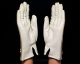 1960s Taupe Vinyl Gloves with Four Leaf Accents - Pair Beige Neutral Gloves - Faux Leather & Cotton Jersey Knit - Marked 6 1/2 to 7 1/2