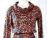 Size 6 Feather Print Dress - 1970s Soft Jersey Knit - Denim Blue Khaki & Coral Orange - 70s Spring Fall - Blouson Bodice with Cowl Neckline