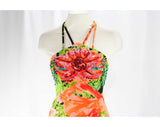 XS 1970s Sun Dress - Strappy Lolita Chic 70s Bright Floral - Orange Green Black - Tropical Resort Jersey & Sequins - Long Dress - Bust 31.5