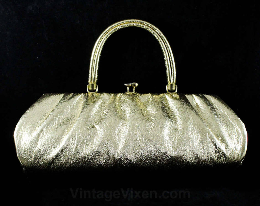 Glam 50s Gold Purse - Bright Metallic Leather-Look Bag with Top Handle - 1950s Large Marilyn Style Handbag - Mid Century Atomic Era Glamour