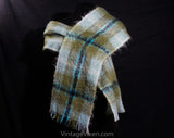 Plaid Mohair Scarf - Sage Green & Blue Artisan Style Woven Wrap - Douglas Tartan 1960s Shawl Made in Scotland - Rectangular Fuzzy Wool