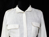 Size 6 White Linen Shirt with Silver Trim - 1980s Disco Chic Long Sleeved Top - 70s 80s Sexy Street Wear Blouse - Safari Epaulets - Bust 36