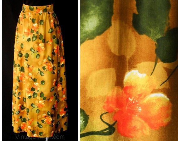 Size 6 Tropical 60s Maxi Skirt - Mustard Orange & Tangerine Floral 1960s A Line Skirt - Summer Yellow Cotton - Mint Condition - Waist 26 -