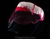 1960s Fuchsia Pink Hat with Veil - White Feathers & Vivid Bright Velvet - 60s Femme Millinery - Spring Summer Confection Style with Veiling