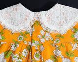 Girl's Size 5T Dress - 1960s Orange Floral Girls Summer Frock - Childs 60s Mod Style with Green Botanical Cotton Print - Puffed Sleeves