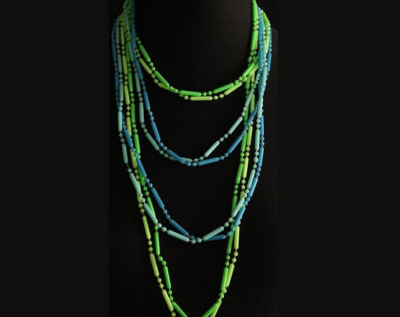 FINAL SALE Pop Style 1960s Lime & Sky Blue Necklaces - Spring Green Pastel Blue Plastic - 60s Layered Trendy Cute - Mint Condition