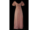 Size 6 Pink Evening Dress - 1960s Spring Empire Waist Gown - Pastel Garden Party - Satin Trim & Bell Sleeve - Long Tailed Bow - Bust 34.5