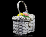 Little Girl's 1960s Box Purse - White Summer Wicker Style 50s 60s Children's Handbag - Pastel Pink Blue & Yellow Plastic Flowers - Doll Size