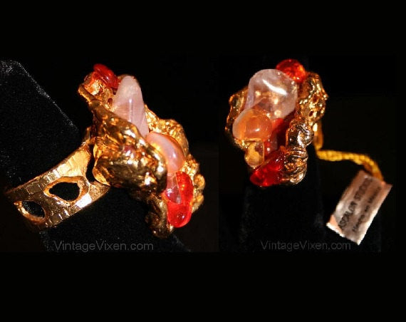 60s Ring - Fab Artisan Style Unique Jewelry - Rock Tumbler Ring - Citrine Orange Glass Stones - Rock Star Appeal - Ring Size 6 - 32110