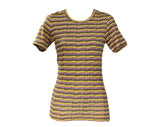 XXS Resort Style T Shirt from Italy - Magenta & Green Striped Seashell Print 1970s Tee - Short Sleeved Summer Shells Cotton Top - Bust 32