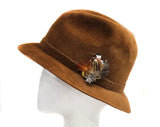 1960s Men's Brown Hat - Handsome Chestnut Fur Felt Mens Fedora Style with Pheasant Feather Cockade - Designer Oleg Cassini - Size 7 1/8