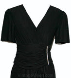 Size 6 Black Dress -Vintage Vixen Cocktail with Wrap Style Rhinestone Waist - 1940s Inspired Jersey Dress - 80s Does 40s - Bust 34 - 31614