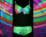 Size 32D Bikini - 1960s Jade Green Pink Purple Sexy Underwire Bra Top & Swim Bottom - Small 60s 70s Two Piece Bathing Suit - Bust 35 36