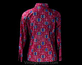 Size 6 70s Shirt - Red Patchwork Print 1970s Cotton Inspired by Kente Cloth - Small Long Sleeve Casual Top - San Francisco Hippie - Bust 36
