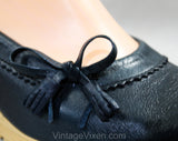 Size 6 Navy Leather Shoes by Dexter - High Quality 1980s Preppy Loafer - Dark Blue Tassel Bow - Wedge Rubber Heels - 80s NOS Deadstock