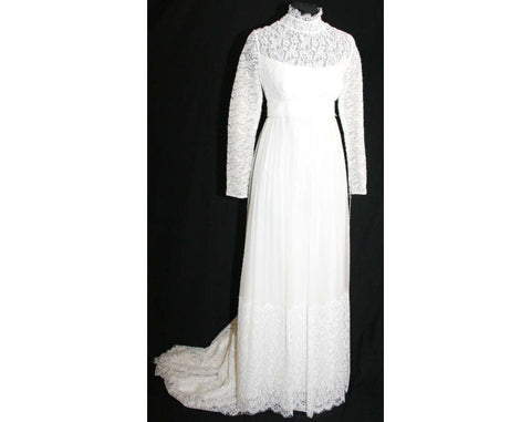 Size 10 Wedding Dress - Elegant White Chiffon & Lace Vintage Bridal Gown With Attached Train - 60s NWT - Bust 36 - Waist 28.5 - 31822-1