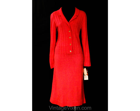 Size 4 Coral Pink Dress - Chic Small 1970s Long Sleeved Sweater Knit Shirtdress & Tassel Belt - Beautiful Quality - Vivid Salmon - Bust 35