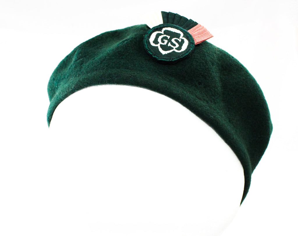 1950s Girl Scouts Child's Hat - Beret Tam Style Flat Cap with GS Logo and Ribbon Cockage - Dark Hunter Green Pink & White - 40s 50s Kangol