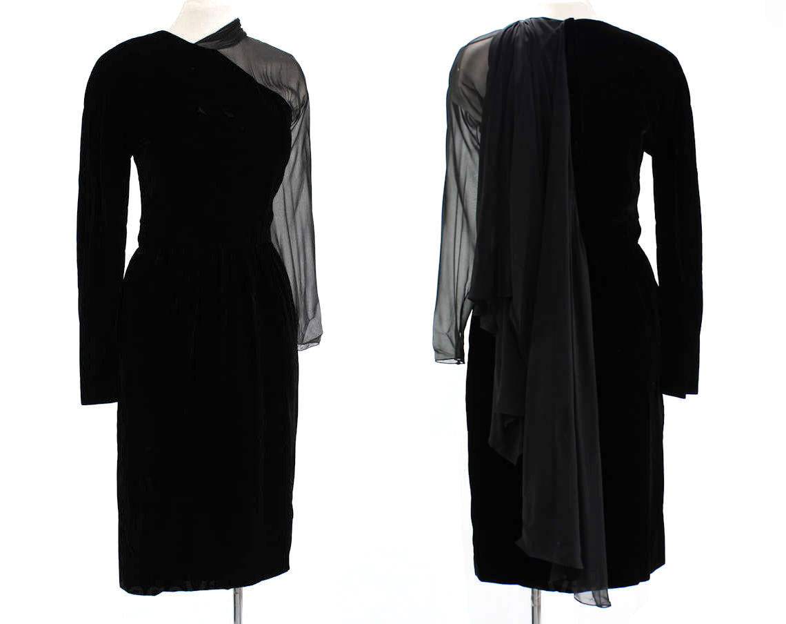 Size 6 Film Noir Cocktail Dress - 1950s Style Avant Garde Black Velvet Vintage Vixen Clothing Size 6 Film Noir Cocktail Dress - 1950s Style Avant Garde Black Velvet Vintage Vixen Clothing