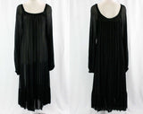 Size 8 Black Sheer Jersey Dress & Matching Crepe Slip - 1980s Designer Dan De Santis - Full Bishop Sleeves - Square Neckline - Gorgeous