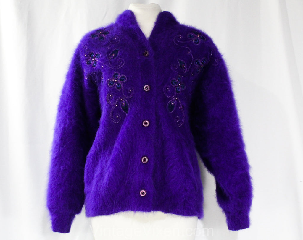 Grape Purple Angora Cardigan - Size 10 Medium Button Front Sweater - 80s Oversized Luxury Knit - Fuzzy Furry with Cord & Appliques - Hip 41