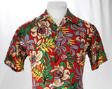 Size XXS 1940s Men's Red Hawaiian Style Shirt - Tropical Flowers Print Cold Rayon - 40s Summer Beach Clothes - Teen Boy Size 16 - Chest 34