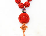 Bohemian 1970s Cinnabar Necklace - Asian Red Hand Carved Beads - Knotted with Tassel Pendant - Chic Boho 70s 80s Dramatic Chinese Jewelry