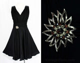 Size 12 1950s Cocktail Dress - Black Chiffon & Crepe - Large Size Fit and Flare - 50s Glamour - Brown Gold Rhinestone Pin - Waist 30