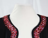 Size 8 Jean Muir Jacket - Black Stretch Knit Blazer with Wavy Scarlet Sequins - Red & Pink Aurora Borealis Trim - British Designer - Bust 35
