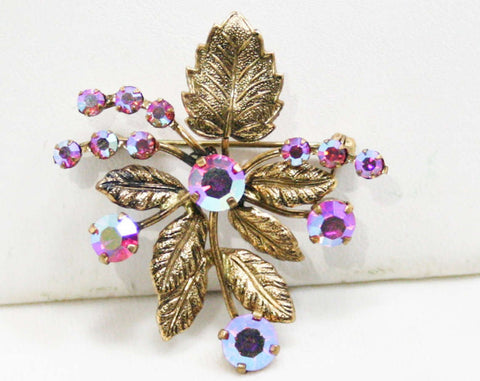 Brilliant Pink Rhinestone Pin - 1950s 1960s Brooch - Made in Austria - Fiery Rhinestones - Antique Style Leaves - Stylized Flower - 42616