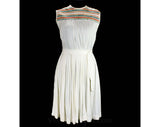 Size 6 Ivory Dress with Rainbow Smocking - Cute 60s Sleeveless Summer Dress - Blouson Bodice & Pleated Skirt - Tie Belt - Waist 25.5 - 49496