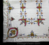 Magnificent Linen Tablecloth & Eight Matching Napkins - 1930s 40s Formal Dinner Embroidered Linens - Roses in Baskets Flourish Cross Stitch