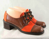 Size 9 Funkytown Shoes - 1960s Burnt Orange Suede Color Block Oxford Pumps - Rust Brown Wet Look Vinyl - Two Tone Lace Up Shoe - 9N Narrow