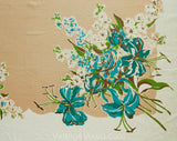 1940s Tiger Lilies Tablecloth - Turquoise Blue & Orange Tropical Floral Print Cotton 40s 50s Table Cloth - Roses Gladiolus Large Rectangle
