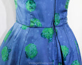 Size 4 Sun Dress - Blue & Green Silk 50s Summer Frock - 1950s Girl Next Door - Hydrangea Floral Polka Dot Scarf Silk with Corsage - Bust 33