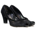 Size 5.5 1940s Black Suede Shoes with Seductive Sheer Lace Panels - Sexy 40s Open Toe Heels - Post WWII Era 40's Pumps - 5 1/2 A Narrow