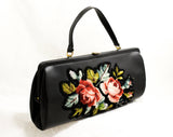 1950s Black Leather Purse with Needlepoint Roses - 50s Handbag with Antique Inspired Applique - Mid Century Feminine Bag - 50241