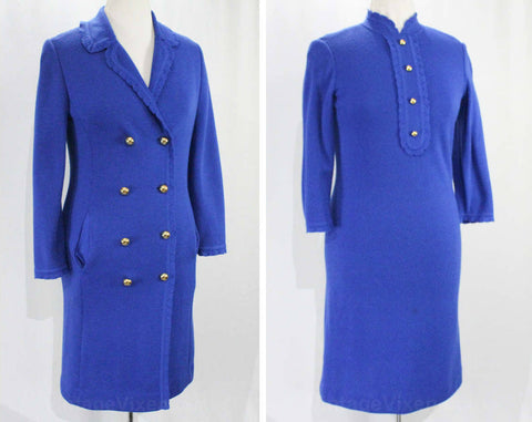 Size 4 Cobalt Blue Dress & Coat - 1960s Wool Knit Long Sleeve Sheath with Brass Nautical Buttons - 60s Double Breasted Office Wear - Bust 35
