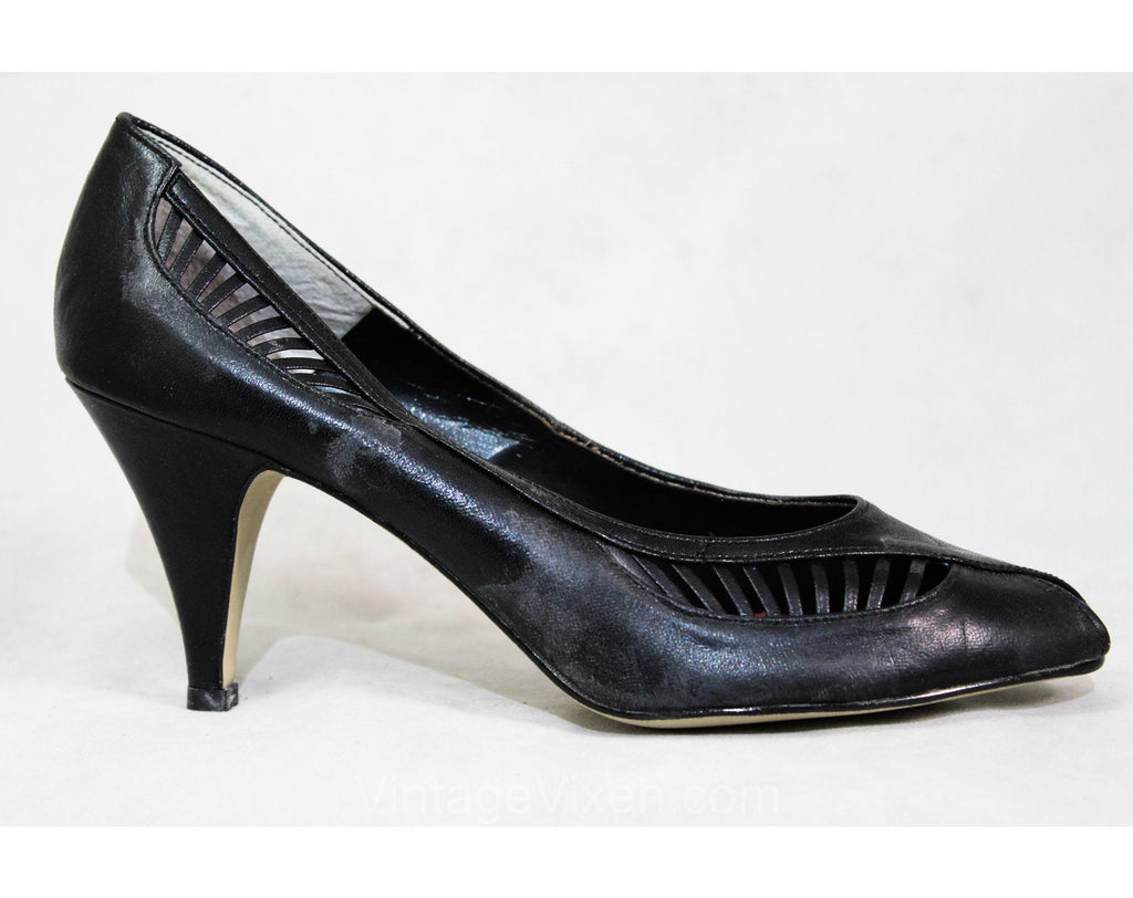 As Is Size 7 Shoes - Sexy 1980s Black Asymmetric Peep Toe Heels - Cutout Leather Stripes - 3 Inch Date Night Heels - Unworn 80s Deadstock