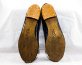 Small Size 1950s Navy Shoes - Size 5 Dark Blue Ballet Flats with Leather Fringe & Studs - Low Heels - 40s 50s Bobby Soxer Deadstock