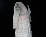 Size 6 White & Pink Mini Dress by Designer Victor Costa - Posh Small Ivory Embroidered Organdy with Pink Lining - Petite Length - Waist 26