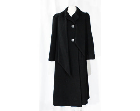 Size 10 Black Winter Coat - Designer 80s Overcoat by Pauline Trigere with Muffler Neckline - Long Heavy Tailored Cold Weather - Bust 39