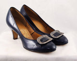 Size 5 Navy Shoes - Chic 1950s Dark Blue Heels with Mid Century Metal Buckles - 5B Deadstock - Spring - Pom Poms by Foot Flairs